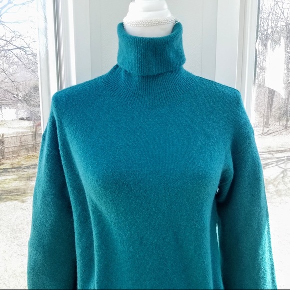 J.Crew Teal Green Puff Sleeve Turtleneck Sweater Knee Length Dress - Picture 4 of 9
